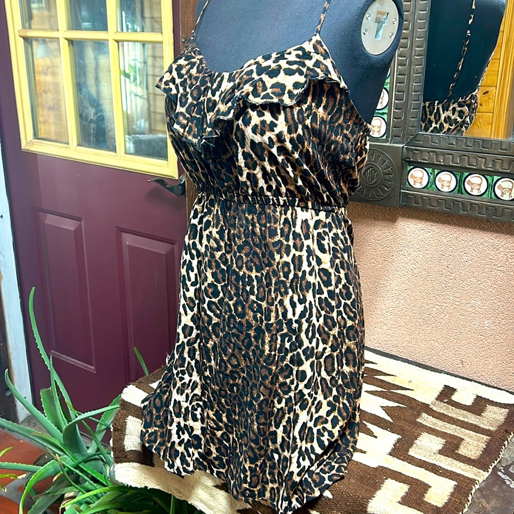 Rue 21 Size Medium Black & Leopard Print Ruffle Mini Dress Adjustable Straps